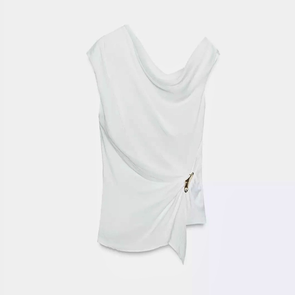Zara NWT white draped satin effect ruched asymmetrical hem gold brooch top